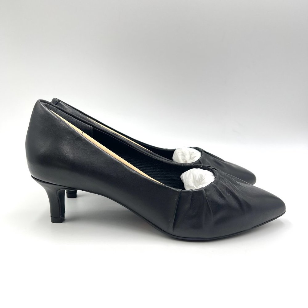5W 5 WIDE Rockport Kalila‎ Black Ruched Leather Point Toe Kitten Heels Pumps